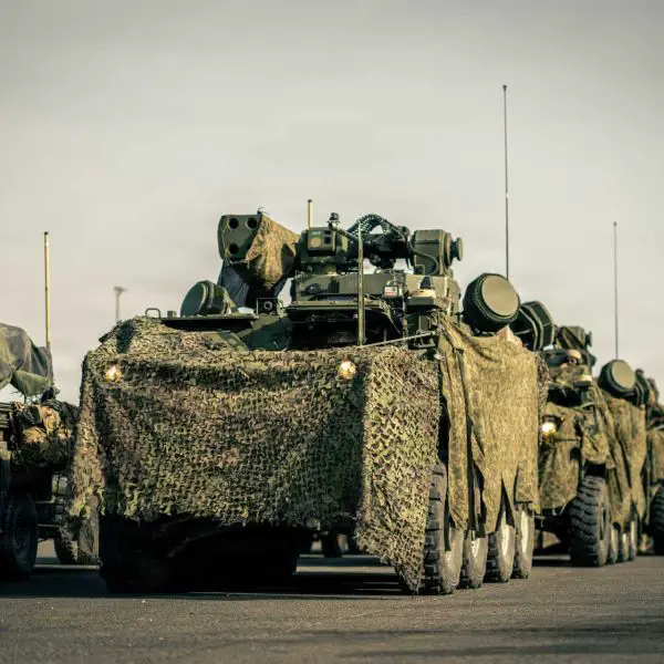 U.S. Army SGT STOUT Maneuver Short-Range Air Defense vehicles from A Battery, 5th Battalion, 4th Air Defense Artillery Regiment, prepare to enter the training area during Saber Junction 26 at Hohenfels, Germany, on August 27, 2026. The vehicles were employed to strengthen counter-UAS protection for artillery units and help shield firing positions from drone-directed targeting.