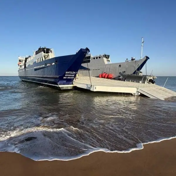 The stern landing arrangement addresses the hydrodynamic disadvantages of conventional bow-ramp craft, which normally combine a shallow draft, broad bow, and flat bottom to maximize beach access. (Picture source: Seatransport)