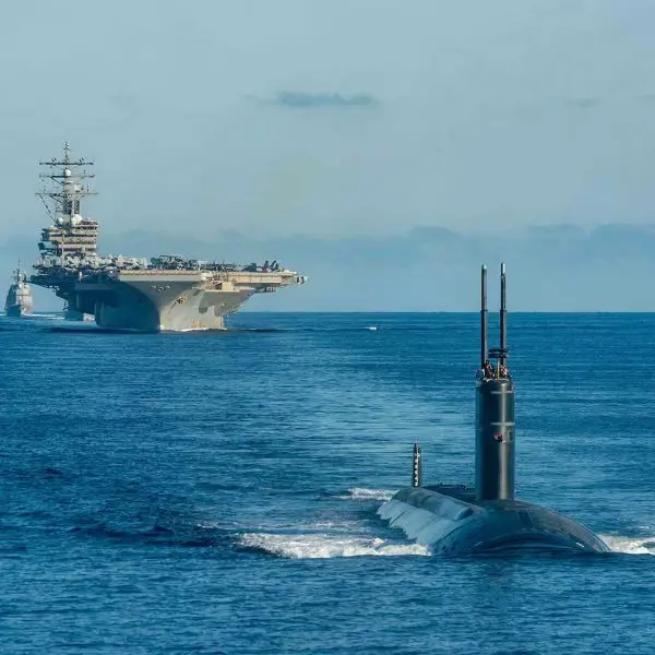 U.S. Navy submarine underway during undersea warfare operations, illustrating U.S.-Japan-South Korea anti-submarine cooperation in the Western Pacific.