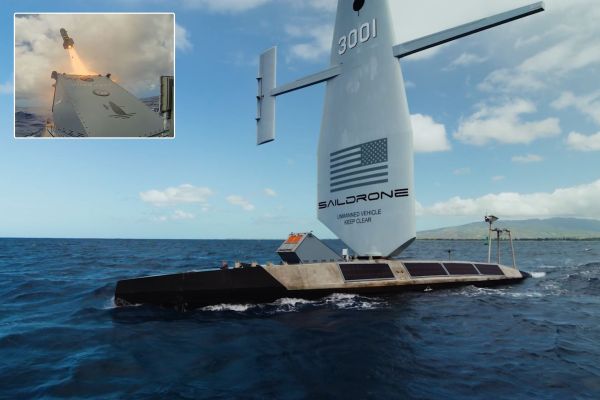 A Saildrone Surveyor USV launches a JAGM missile during a live-fire demonstration at RIMPAC 2026 near Hawaii. (Picture source: Saildrone)
