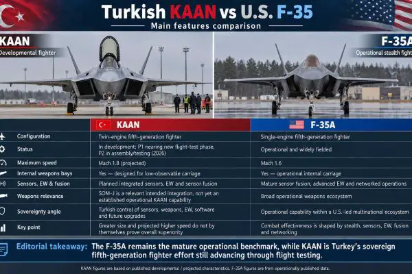 KAAN and F-35A highlight two different stages of fifth-generation fighter development. Turkey’s twin-engine KAAN is advancing through flight testing with a projected Mach 1.8 speed, internal weapons bays, integrated sensors and nationally controlled weapons and electronic warfare systems, while the U.S. F-35A remains the operational benchmark with mature stealth, sensor fusion, networking and combat-proven service.