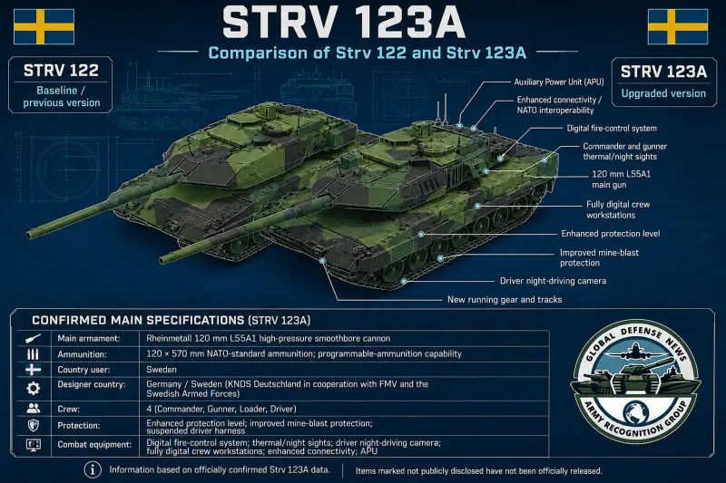 Strv 123A Swedish main battle tank Leopard 2 REMO modernization specification technical review data fact sheet armament protection combat equipment pictures video