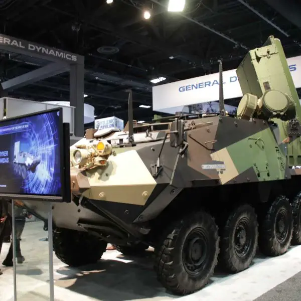 Epirus Leonidas high-power microwave weapon mounted on a Stryker armored vehicle during AUSA 2022, demonstrating a mobile counter-drone configuration designed to disable multiple unmanned aerial systems using directed electromagnetic energy.