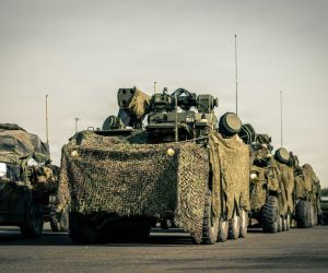 U.S. Army SGT STOUT Maneuver Short-Range Air Defense vehicles from A Battery, 5th Battalion, 4th Air Defense Artillery Regiment, prepare to enter the training area during Saber Junction 26 at Hohenfels, Germany, on August 27, 2026. The vehicles were employed to strengthen counter-UAS protection for artillery units and help shield firing positions from drone-directed targeting.