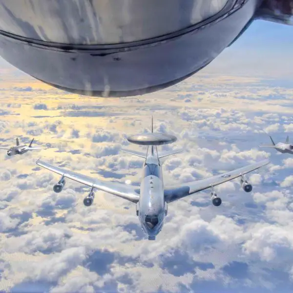 U.S. Air Force F-35A Lightning II fighters, an E-3 Sentry and KC-135 refueling support joined U.S. and Canadian maritime forces over the Bering Sea during Operation TUNDRA MERLIN, demonstrating integrated airpower, command and control, and long-range homeland defense capabilities (Picture Source: U.S. Air Force)