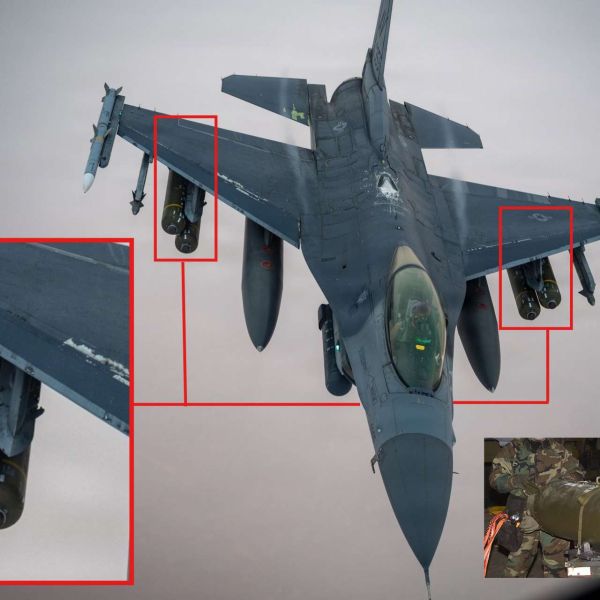 A U.S. Air Force F-16 Fighting Falcon was photographed over CENTCOM carrying unidentified dispenser-type munitions, suggesting a mission focused on anti-armor strikes or battlefield area denial during Operation Epic Fury (Picture Source: U.S. Air Force)