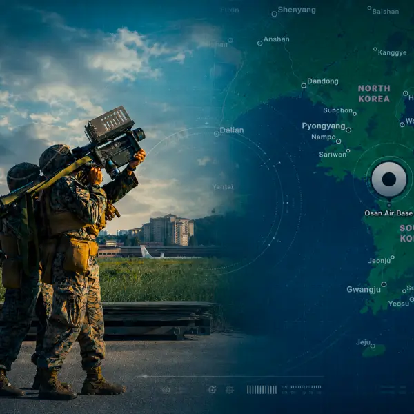 U.S. forces strengthened drone defenses at Osan Air Base in South Korea, integrating Avenger and Stinger teams to counter low-flying unmanned threats near the North Korean frontier (Picture Source: U.S. Marine Corps / Apple Maps / Edited by Army Recognition Group)