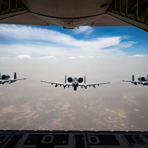 A U.S. Air Force HC-130J Combat King II conducts aerial refueling with three A-10C Thunderbolt II attack aircraft during operations in the U.S. Central Command area of responsibility, extending the aircraft's endurance and operational reach. (Picture source: U.S. CENTCOM)