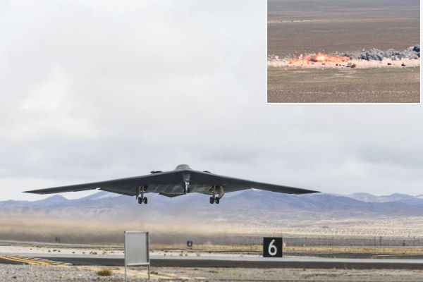 A U.S. Air Force B-2 Spirit stealth bomber conducts live-fire precision-strike training at the Nevada Test and Training Range on August 3, 2026, with the vignette highlighting both the aircraft and the effects of its weapons employment on the target area.