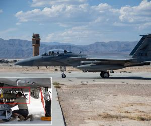 F-15EX Eagle II of the Oregon Air National Guard’s 142nd Wing during operations from Nellis Air Force Base, Nevada. Inset: U.S. Air Force personnel load a 227 kg-class (500 lb-class) live bomb onto the fighter ahead of the unit’s first operational live-bomb release with the F-15EX.
