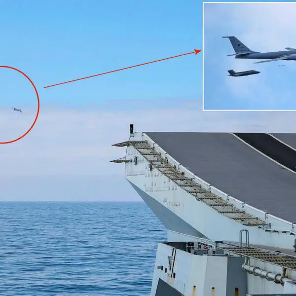 British Royal Navy F-35B Lightning II fighter jet launched from the aircraft carrier HMS Prince of Wales intercept a Russian Tu-142 Bear-F maritime patrol aircraft after it approached the UK Carrier Strike Group during Operation FIRECREST in the Norwegian Sea. (Picture source: UK Ministry of Defence)