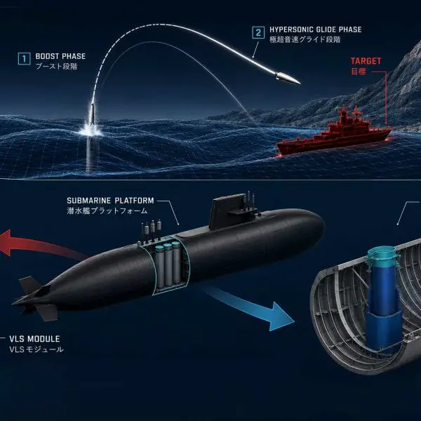 Official Japan Ministry of Defense rendering, reworked and edited by Army Recognition, showing a submarine equipped with a vertical launch system as Japan moves toward underwater-launched long-range and hypersonic strike capabilities (Picture Source: Japanese MOD / Edited By Army Recognition Group)