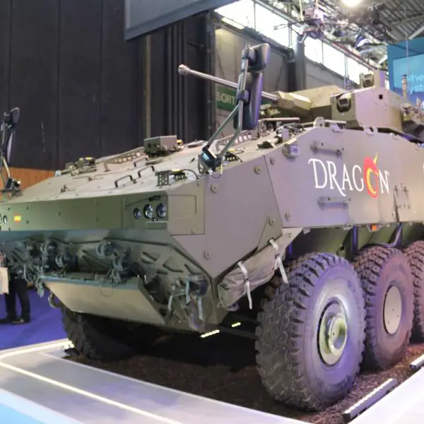Spanish Army Dragon 8x8 infantry fighting vehicle on display at Eurosatory 2026 in Paris, showcasing Spain’s next-generation wheeled armored combat capability designed to enhance troop protection, mobility, and battlefield connectivity for modern expeditionary and high-intensity operations.