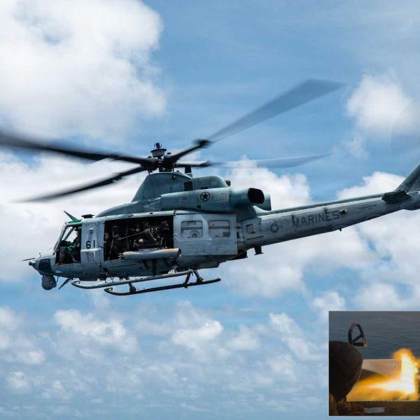 During a maritime interdiction operation in the Pacific Ocean, U.S. Marines fired a rocket from a UH-1Y Venom to neutralise a target vessel in support of counter-drug operations. (Picture source: USMC)