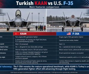KAAN and F-35A highlight two different stages of fifth-generation fighter development. Turkey’s twin-engine KAAN is advancing through flight testing with a projected Mach 1.8 speed, internal weapons bays, integrated sensors and nationally controlled weapons and electronic warfare systems, while the U.S. F-35A remains the operational benchmark with mature stealth, sensor fusion, networking and combat-proven service.