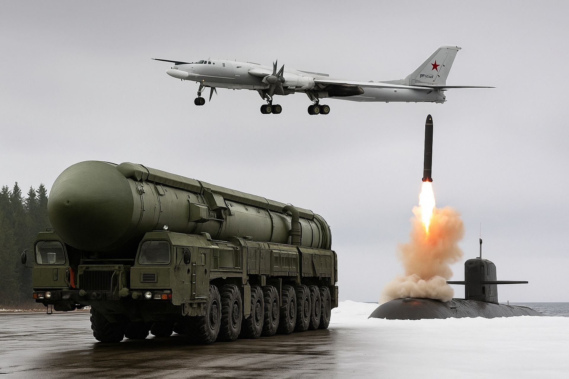 Russia’s nuclear triad includes land-based missiles, submarine-launched missiles, and strategic bombers. It ensures flexible and survivable nuclear deterrence (Picture Generated with AI)