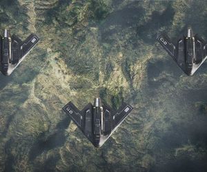 A USAvionix artist’s rendering shows its next-generation jet-powered ISR drone operating as part of a coordinated swarm, highlighting the concept’s potential for distributed surveillance, autonomous mission sharing, and rapid coverage of contested airspace.