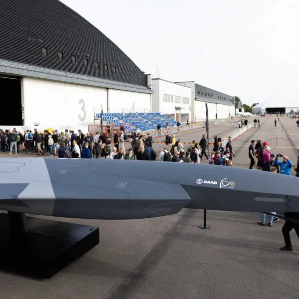 Swedish Company Saab unveils the A3-001, a full-scale concept for a future autonomous combat aircraft designed to operate alongside Gripen fighters in contested airspace.