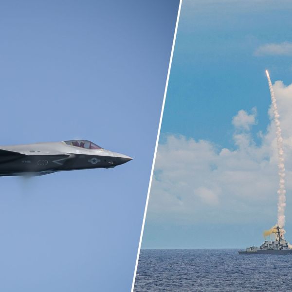 A U.S. Navy F-35C Lightning II and the Arleigh Burke-class guided-missile destroyer USS Dewey illustrate the air and sea launch environments targeted by the Compact Air-to-Air Missile and Naval Modular Missile programs. (Picture source: US DoD)