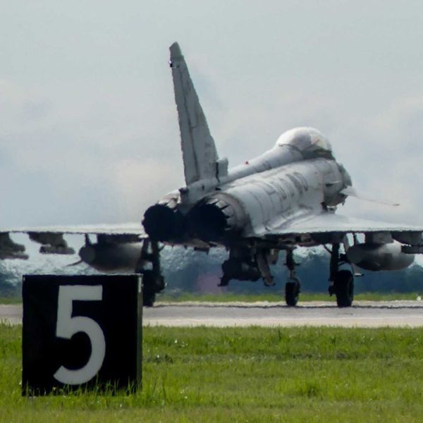 An Italian Air Force Eurofighter F-2000 Typhoon fighter jet launches from Šiauliai Air Base in Lithuania during NATO's Baltic Air Policing mission after receiving a Quick Reaction Alert order to intercept two Russian military aircraft over the Baltic Sea on August 3, 2026. (Picture source: Italian Ministry of Defence)