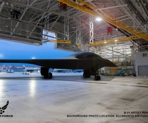 Artist’s rendering of a U.S. Air Force B-21 Raider inside a maintenance hangar at Ellsworth Air Force Base, the future first operational base and training center for the next-generation stealth bomber. (Picture source: U.S. Air Force)