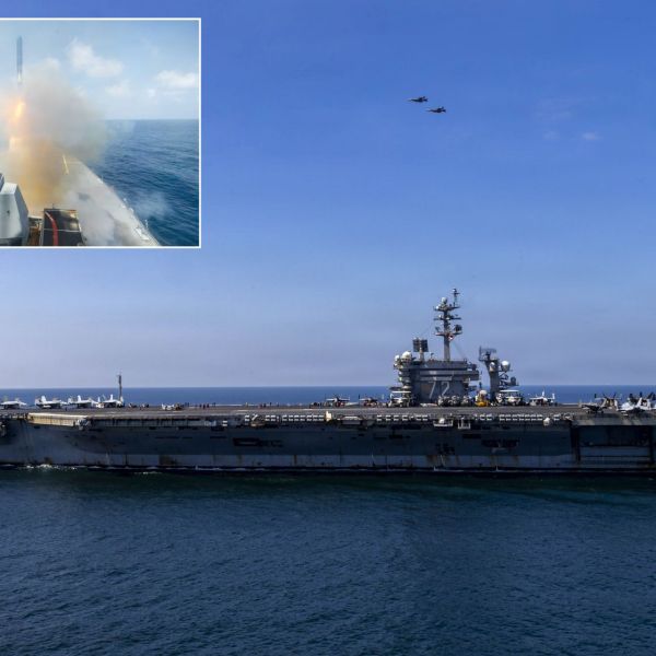 The U.S. Navy aircraft carrier USS Abraham Lincoln (CVN 72) and Arleigh Burke-class guided-missile destroyer USS Spruance (DDG 111), pictured launching a Tomahawk cruise missile during Operation Epic Fury in February and March 2026, were part of a carrier strike group credited with firing 450 Tomahawks against Iran. (Picture source: U.S. Navy)