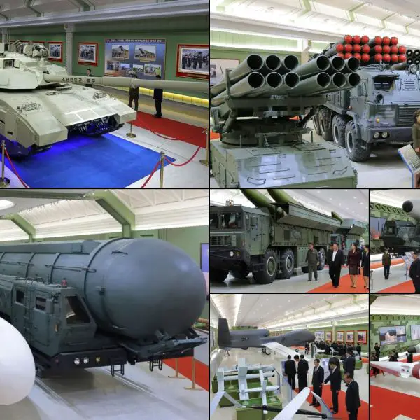 North Korea displays a range of military equipment at its newly inaugurated National Defense Revolution Museum, including intercontinental ballistic missiles, multiple rocket launchers, the Chonma-2 main battle tank, drones and other advanced weapons. (Picture source: KCNA)