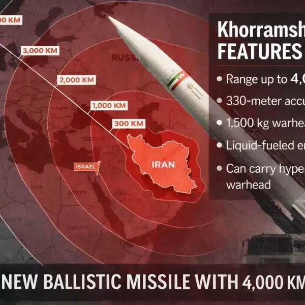 Estimated 4,000 km strike envelope of Iran’s two-stage ballistic missile, extending reach from Iranian territory to Diego Garcia and marking a significant expansion beyond previously declared 2,000 km limits.
