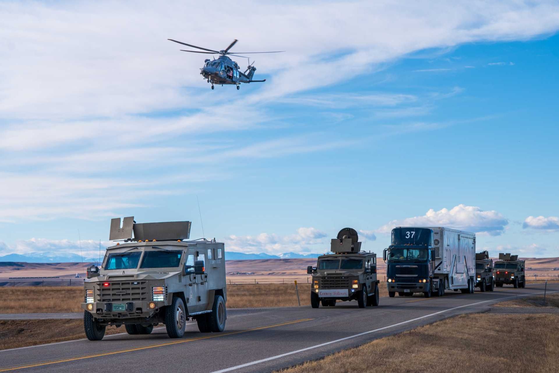A U.S. Air Force MH-139A Grey Wolf helicopter assigned to the 40th Helicopter Squadron conducts its first operational nuclear-security mission alongside 341st Missile Security Operations Squadron convoys at Malmstrom Air Force Base, Montana, on January 8, 2026.