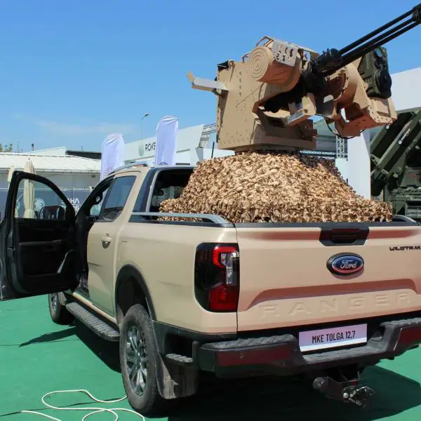 MKE’s TOLGA Close-In Air Defense System mounted on a Ford Ranger, illustrating the mobile counter-drone capability at the center of growing Turkish-Polish cooperation on short-range air defense for Poland and NATO’s eastern flank.