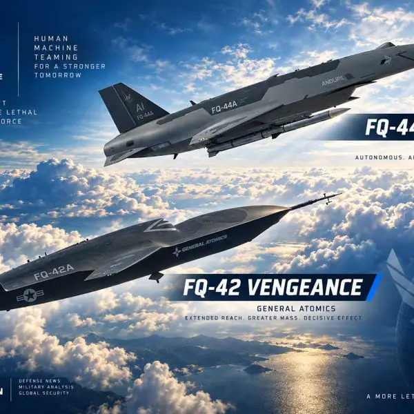 U.S. Air Force FQ-44 Fury and FQ-42 Vengeance Collaborative Combat Aircraft illustrate the service’s push toward semi-autonomous unmanned combat aviation designed to operate alongside F-35 and future F-47 fighters, extending sensor reach, weapons capacity and survivability in contested airspace.
