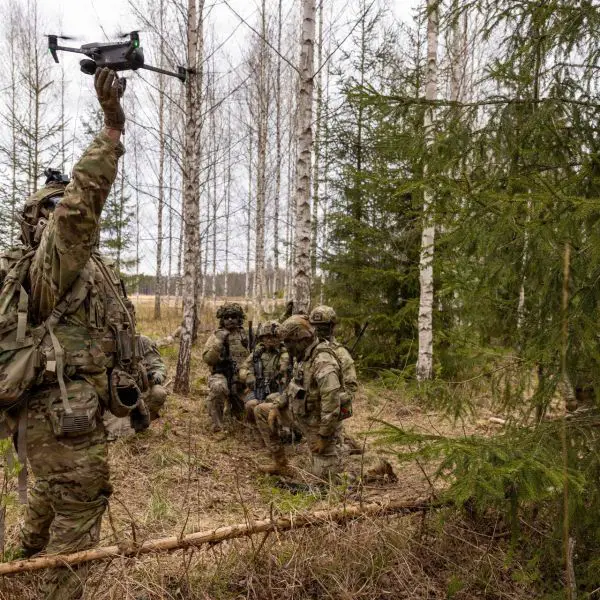 U.S. Soldiers assigned to the 1st Battalion, 12th Cavalry Regiment, operate a DJI Mavic 3 during a live-fire exercise in Selija, Latvia, April 29, 2026. During the exercise, squads used drones for reconnaissance as teams bounded forward to attack simulated objectives. (Picture source: US DoD)
