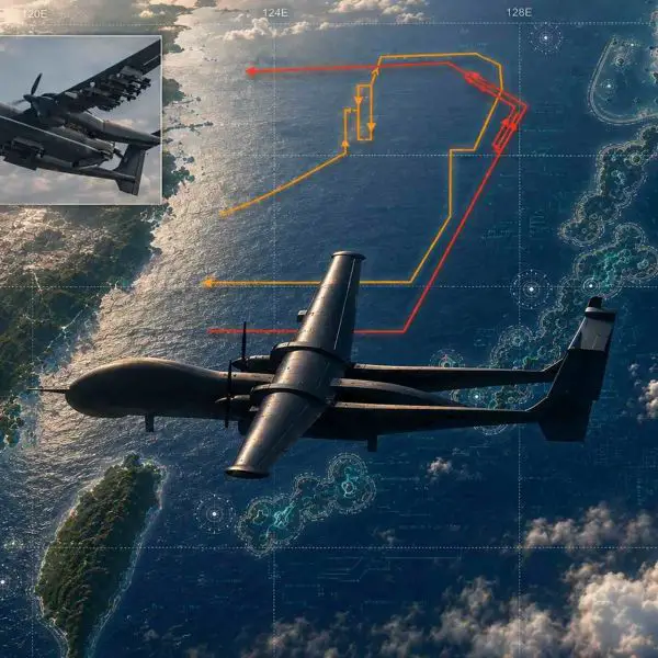 Japan scrambled fighter jets after a Chinese Y-9 intelligence aircraft and TB-001 reconnaissance and attack drone operated along the East China Sea approaches to Okinawa, underscoring Beijing’s growing use of complementary manned and unmanned surveillance capabilities around the Ryukyu Islands (Picture Source: Japanese MoD/ Edited By Army Recognition Group)