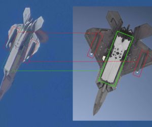 A U.S. Air Force F-22A Raptor maneuvers aggressively near Edwards Air Force Base while carrying distinctive low-observable-shaped underwing sensor pods, highlighting ongoing flight testing associated with efforts to expand the stealth fighter’s passive sensing capabilities. (Pictures sources: Mojave Planespotting and @stinkjet)