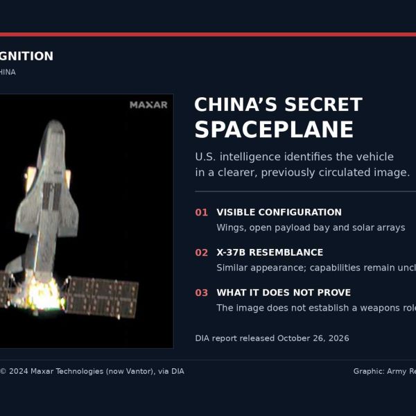 China’s experimental reusable spaceplane pictured in orbit with its payload bay open and solar arrays deployed. DIA published the image in its October 2026 space security report. (Photo: © 2024 Maxar Technologies, now Vantor, via DIA. Graphic: Army Recognition.)