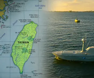 Shield AI and Thunder Tiger demonstrated Hivemind coordinating two SeaShark unmanned surface vessels in Taiwan, showing how autonomous maritime teams could strengthen surveillance, reduce crewed-asset demand, and support distributed deterrence (Picture Source: Britannica / Shield AI/ Edited By Army Recognition Group)