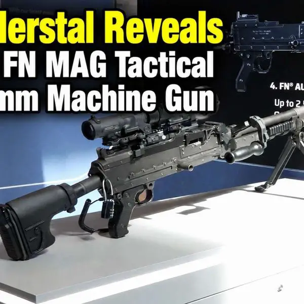 FN Herstal’s FN MAG Tactical with Long Rail, displayed at Eurosatory 2026, adds an extended optical interface, improved feed-cover handling, and an adjustable tactical stock to the 7.62×51 mm machine gun, enabling better integration of day, night, and thermal sights while preserving its sustained-fire role (Picture source: Army Recognition Group).