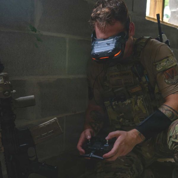 U.S. Air Force Staff Sgt. Connor Montgomery displays FPV drone goggles during training at Moody Air Force Base, Georgia, on July 14, 2026. The Air Force is expanding FPV drone capabilities to strengthen reconnaissance, force protection, and Agile Combat Employment, incorporating lessons from Ukraine's battlefield use of low-cost unmanned systems. (Picture source: U.S. Air Force)