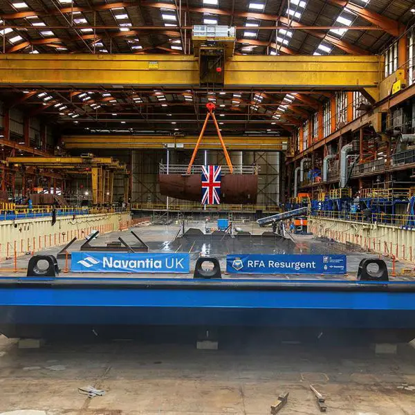 The keel of the future Fleet Solid Support ship RFA Resurgent is lowered into position during the keel-laying ceremony at Appledore shipyard in the United Kingdom on September 3, 2026.
