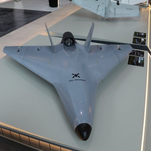 Czech high-speed fixed-wing air defense drone showcased by TRL Drones X during UMEX 2026 in Abu Dhabi, highlighting its rapid-launch capability and advanced AI-guided interception features.