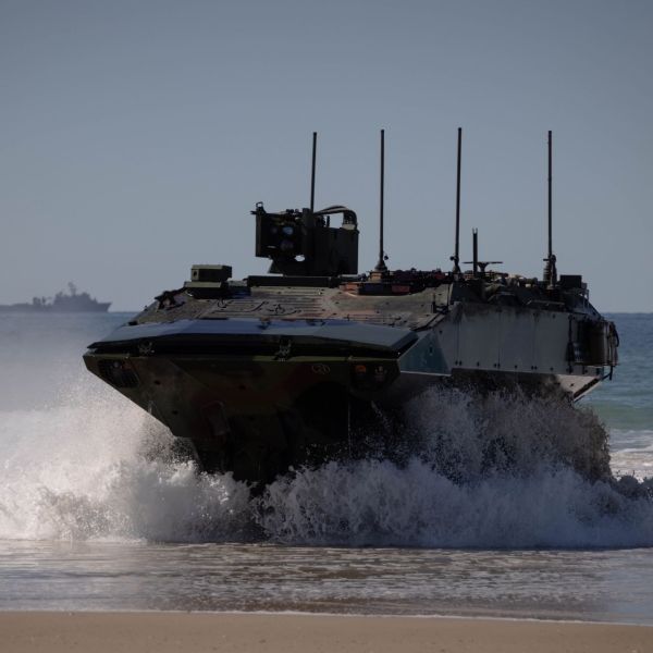 U.S. Marine Corps Amphibious Combat Vehicles assigned to the 31st Marine Expeditionary Unit conduct surf passage training at Shoalwater Bay Training Area in Queensland, Australia, in July 2025. (Picture source: US DoD)