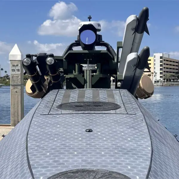 BlackSea Technologies’ Comet unmanned surface vessel displayed at SOF Week 2026 in Tampa, Florida. The 13.1-meter (43-foot) autonomous combat vessel can be armed with precision-guided missiles and a 30mm remotely operated gun system while supporting counter-UAS, surface warfare, and maritime escort missions in contested environments.