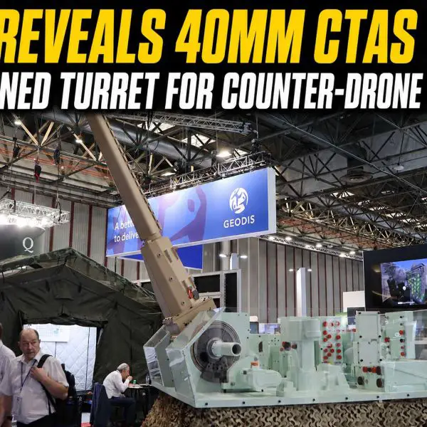 CTA International’s 40 mm CTAS unmanned turret concept, displayed at Eurosatory 2026 in Paris, combines high-elevation fire, programmable airburst ammunition, and protected internal reloading to equip armored vehicles for ground combat and short-range counter-drone defense (Picture source: Army Recognition Group).