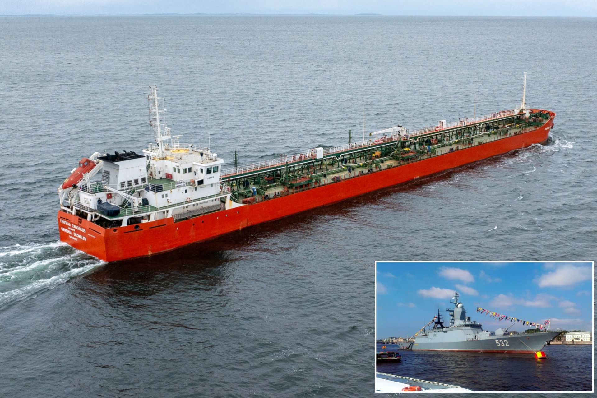 Illustrative image depicting the Russian fleet oiler General Skobolev with an inset showing the Steregushchy-class frigate Boiky. This visual representation highlights the typical configuration of Russian naval groups recently transiting European waters under NATO surveillance.