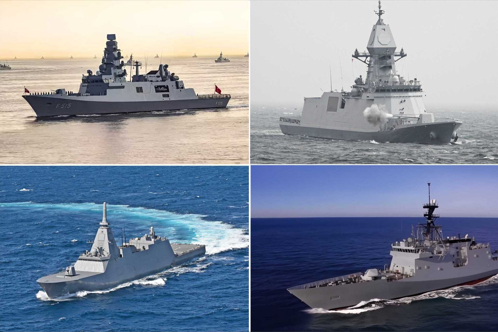 The three foreign frigate designs being considered by the U.S. Navy are Türkiye’s Istanbul-class (top left), South Korea’s Chungnam-class (top right), and Japan’s Mogami-class (bottom left), and would complement the domestically built FF(X) program (bottom right). (Picture source: STM, X/mason_8718, Japan MoD, US DoD)