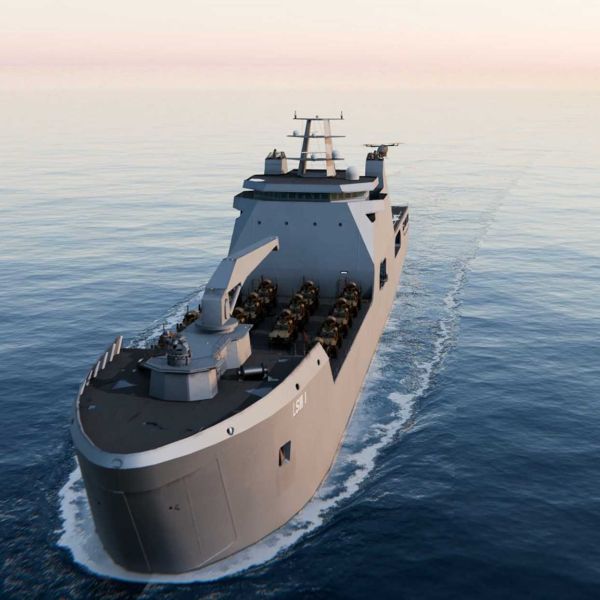 Artist's rendering of the U.S. Navy's future Medium Landing Ship (LSM), a new class of amphibious vessel designed to provide the U.S. Marine Corps with distributed littoral mobility and expeditionary logistics support under the Force Design 2030 modernization strategy. (Picture source: U.S. Navy)