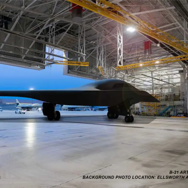 Artist’s rendering of a U.S. Air Force B-21 Raider inside a maintenance hangar at Ellsworth Air Force Base, the future first operational base and training center for the next-generation stealth bomber. (Picture source: U.S. Air Force)