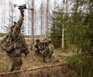 U.S. Soldiers assigned to the 1st Battalion, 12th Cavalry Regiment, operate a DJI Mavic 3 during a live-fire exercise in Selija, Latvia, April 29, 2026. During the exercise, squads used drones for reconnaissance as teams bounded forward to attack simulated objectives. (Picture source: US DoD)