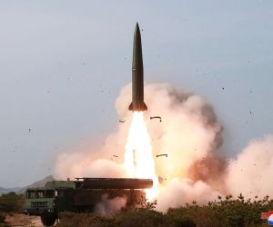 A North Korean KN-23 Hwasong-11Ga short-range ballistic missile during a launch. The missile fired on October 3 has not yet been identified and may belong to a different class. (Picture source: KCNA)