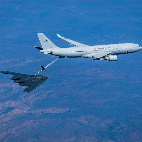 A Royal Australian Air Force KC-30A refuelled a U.S. Air Force B-2 Spirit during Exercise Diamond Storm 26, extending allied long-range strike reach across the Indo-Pacific (Picture Source: Royal Australian Air Force)